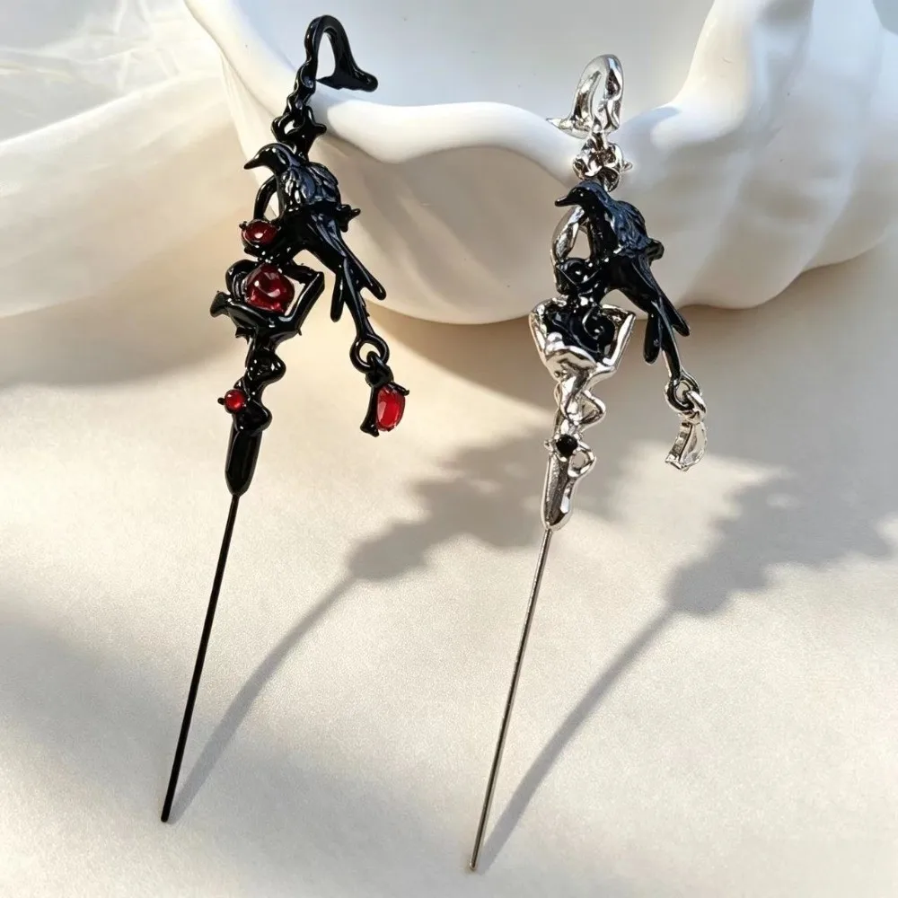 Punk Crystal Rhinestone Thorn Piercing Earring Black Silver Colors Crow Ear Pin Red Lightweight Ear Stick Alt Style