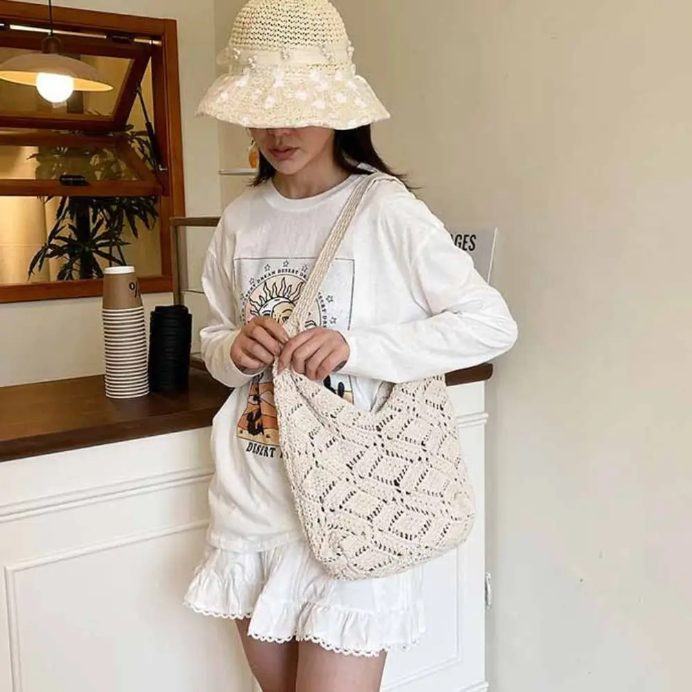 

Hollow Out Flower Knitting Bag Tote Bag Bohemian Style Beach Bag Large Capacity Beach Handbag Hollow Shoulder Bag Shopping