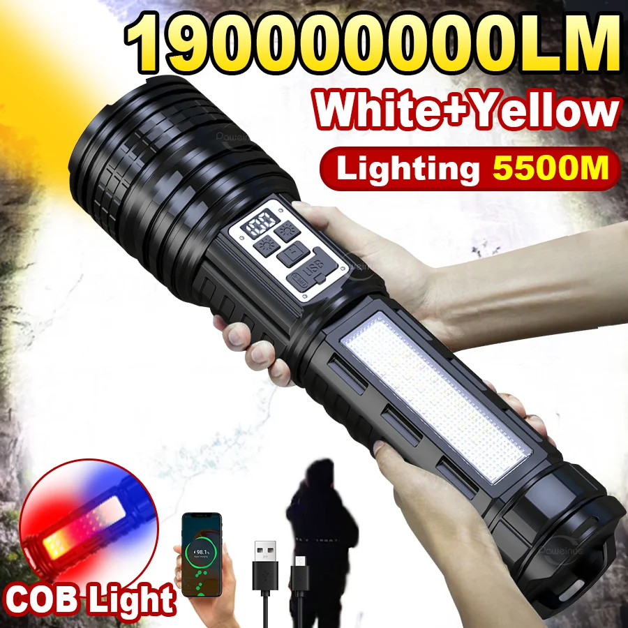 

1500W Most Powerful LED Flashlight USB Rechargeable Tactical Torch Light Ultra Bright White+Yellow 5500M Zoom Fishing Emergency
