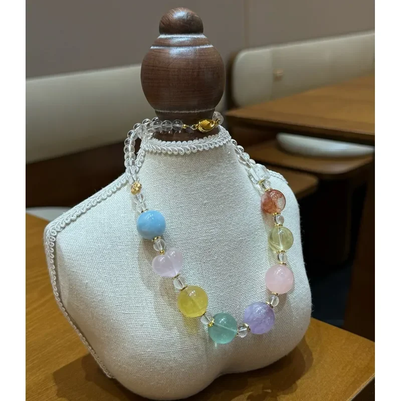 Natural crystal Duobao necklace women's light luxury niche high-end feeling aquamarine fluorite pink crystal red glue flower