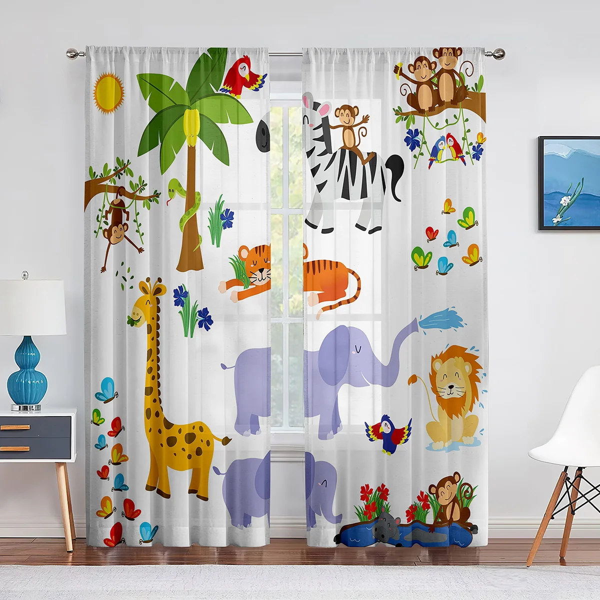 Jungle Safari Animals Sheer Voile Curtain for Baby Bedroom Kids Nursery Cute Elephant Lion Giraffe Tiger Window Tulle Curtains