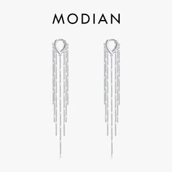 MODIAN 925 Sterling Silver Sparkling Long Tassel Hoop Earrings Trendy Party Luxury Buckle Earrings For Women Fine Jewelry Gifts