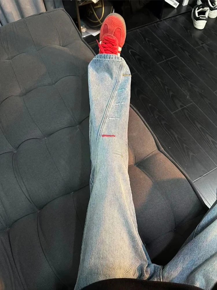 

Американские джинсы-клеш Slim Fit для мужчин, зимние, с вышивкой, узкие прямые брюки с эффектом визуального удлинения ног