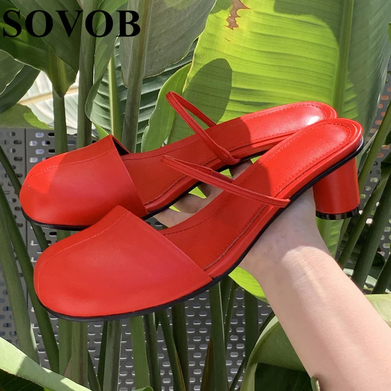 

New Summer Solid Color Cylindrical Heel Slippers Women a Single Strap Shallow Mouth Closed Toe Sandals Dress Shoes Lazy Shoes