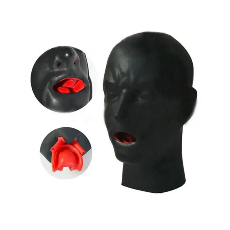 0.6mm Thickness 3D Latex Hood Rubber Mask Fetish  with Mouth Gag Plug Long Nose Tube Back Zip for Women Head Around 54-57cm