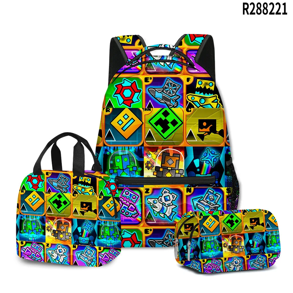 Cartoon Novelty Harajuku Cool Geometry Dash 3D Print 3pcs/Set Student School Bags Laptop Daypack Backpack Lunch bag Pencil Case