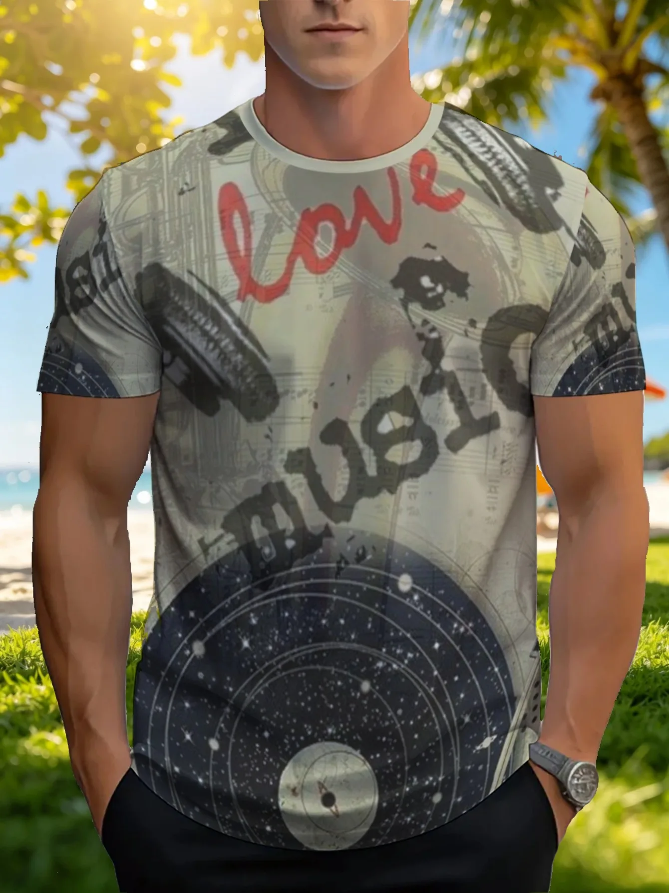 Men Retro Vinyl Record Love Music Letter Print Crew Neck T Shirt Vintage Grey Base Short Sleeve Casual Tops