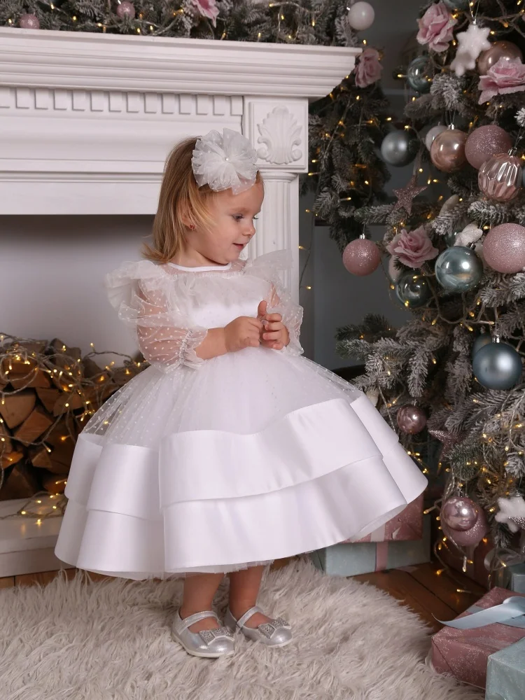 Customized Flower Girl Dress for Wedding Polka Dot Tulle Puff Long Sleeve Ruffle Shoulder Toddler Baby Baptism Party Dress