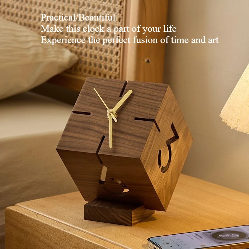 

Simple and Luxurious Seat Clock Cube Hollow Desktop Silent Table Clock Ornament Creative Black Walnut Small Clock Fashionable