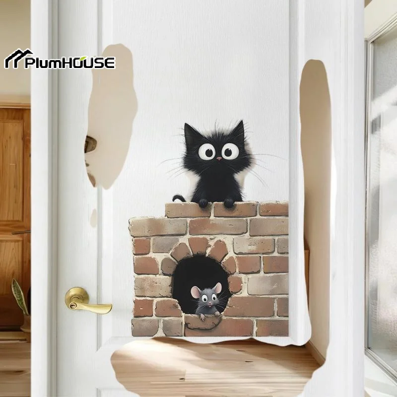 1Pcs Cartoon Cat Mouse Wall Sticker Kids Room Background Decor Mural Study Door Home Decoration Self-adhesive Decals