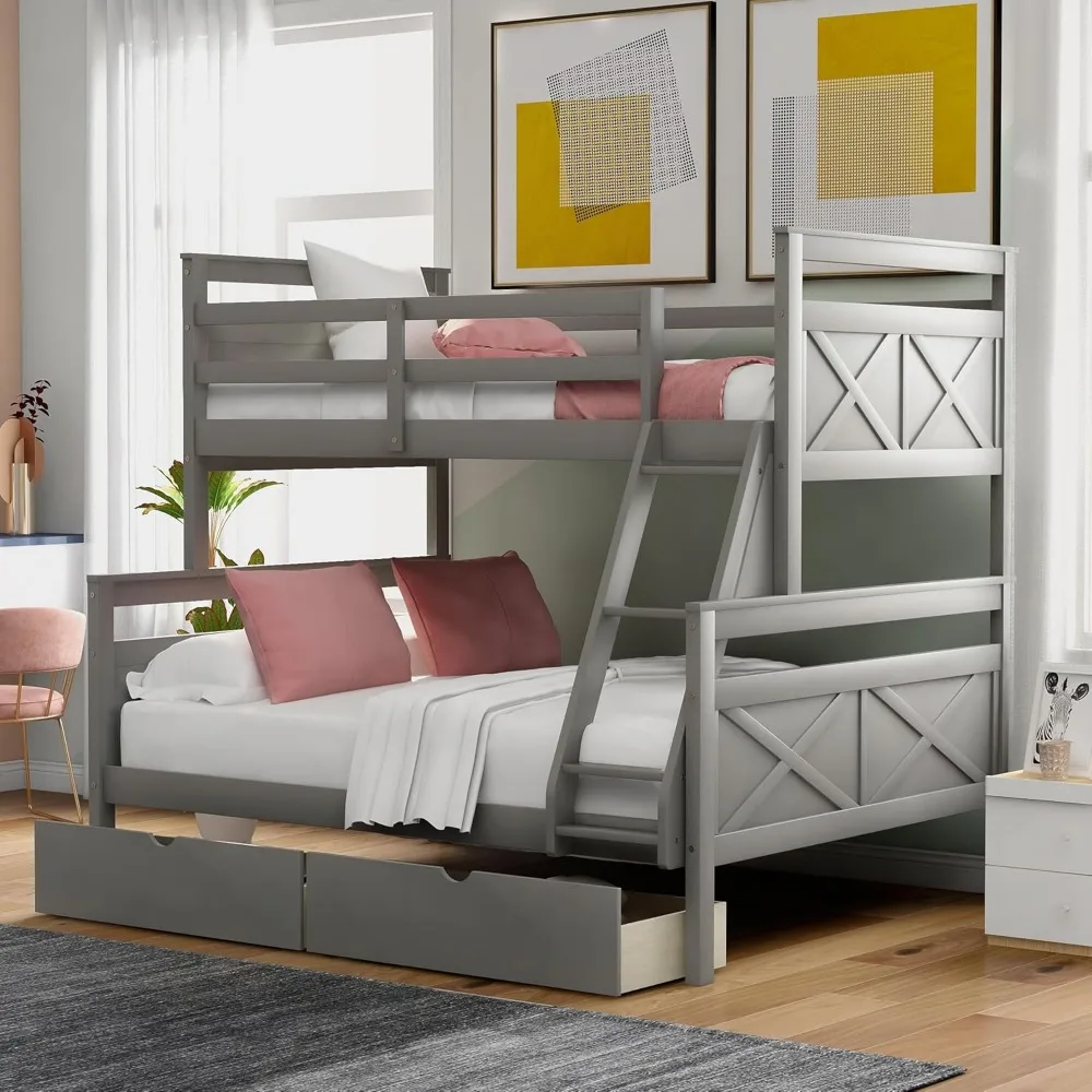 

Twin Over Full Bunk Bed with 2 Storage Drawers,Solid Wood Bunk Bed with Ladder and Safety Guardrail for Bedroom Kids Adults