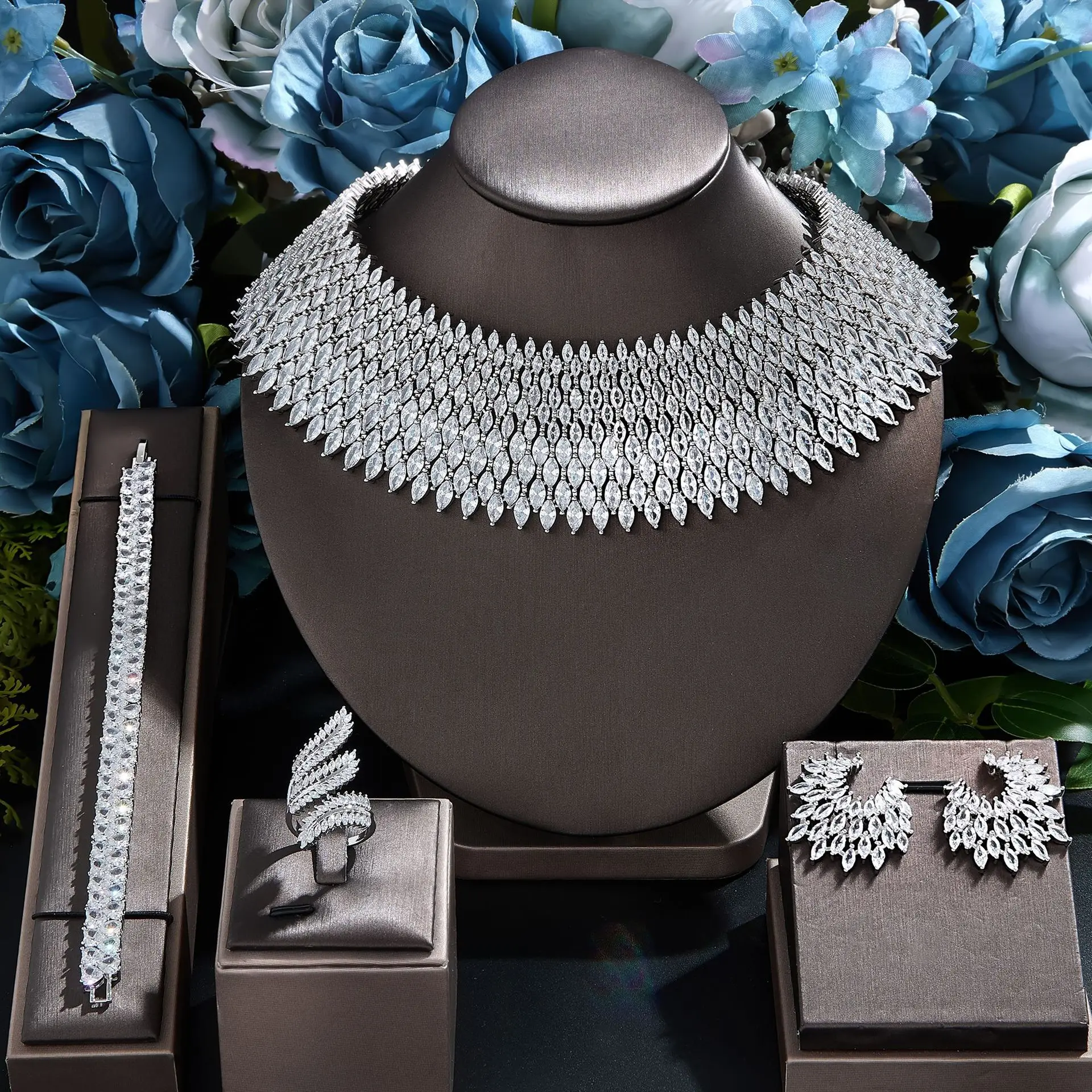 Luxury Statement AAA Cubic Zirconia Necklace Bracelet Earrings Ring Set Women Bridal Wedding Party Choker Zircon Collar Jewelry