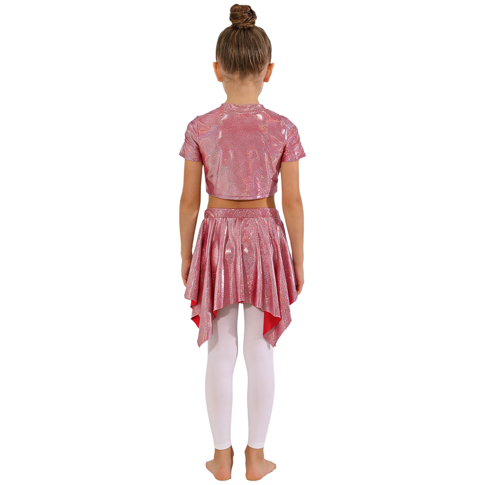 Kids Girls Metallic Jazz Modern Dance Outfit Short-sleeve Tie-front T-shirt with Skirt Sets for Hip Hop Cheerleading Performance