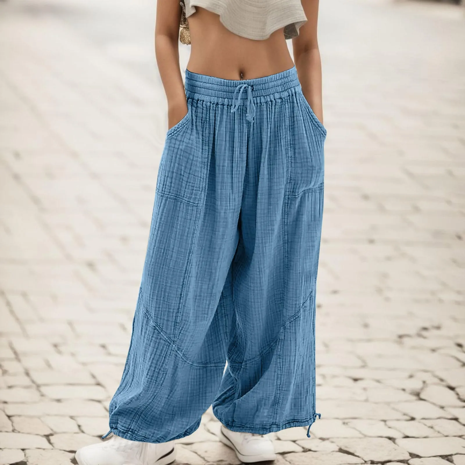 

Utility Baggy Waistband Pants Flexible Wide-Leg Trousers Comfortable Wide Leg Women'S Pockets Pants Cargo Waist Casual Summer