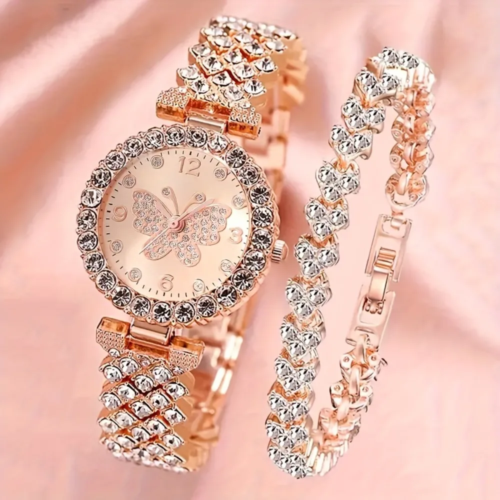 2pcs Elegant College Style Women'S Quartz Wristwatch + Sparkling Versatile Bracelet,