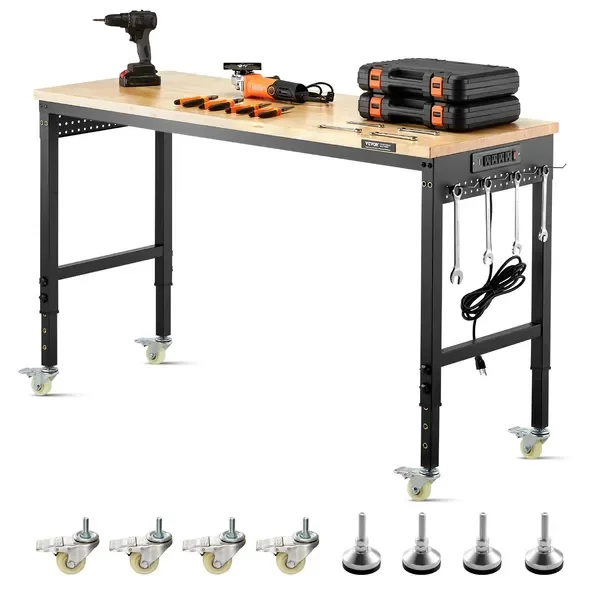 

60' Workbench on Wheels Adjustable Height Table with Power Outlet & Pegboard