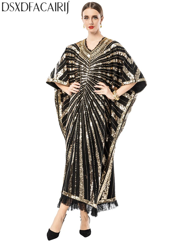 DSXDFACAIRIJ Damen-Maxikleider mit V-Ausschnitt, Fledermausärmeln, Position, Pailletten, Perlenstickerei, bestickt, High Street Mesh-Maxikleider, Herbst, Damen