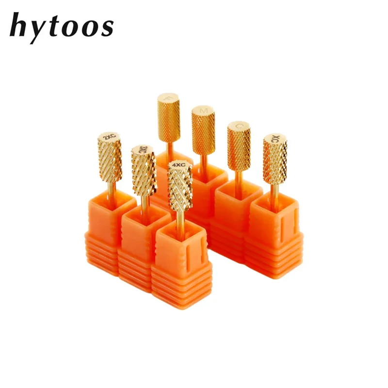 HYTOOS Gold Large Barrel Carbide Nail Drill Bits 3/32 Manicure Burr Remove Gel Electric Machine Drills Accessories Supplier