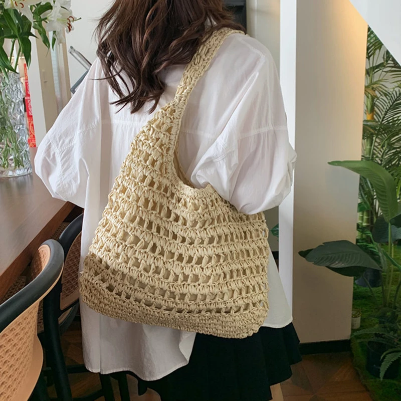 Summer Women Beach Tote Handbags Rattan Crochet Shoulder Bag Casual Commute Bag Vintage Straw Woven Bag