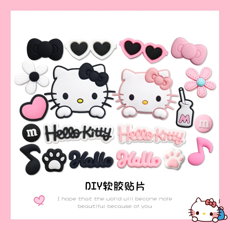 Pink & Black Relaxed Hello Kitty Cat Shoe Charms Set for Sandals & Slippers Accessories Women Girls DIY Decorative for Slides
