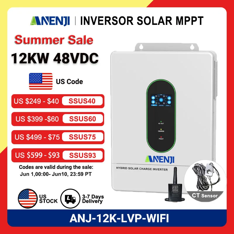 

ANENJI 120V/220V 12KW hybrid solar inverter 48V photovoltaic split inverter with built-in 200A parallel solar charging control