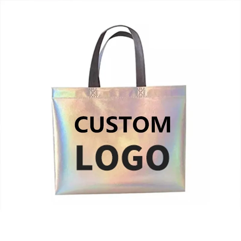 50pcs Wholesale Custom Printed Recycle Reusable holographic silver PP Laminated Non Woven tote Shopping Bag