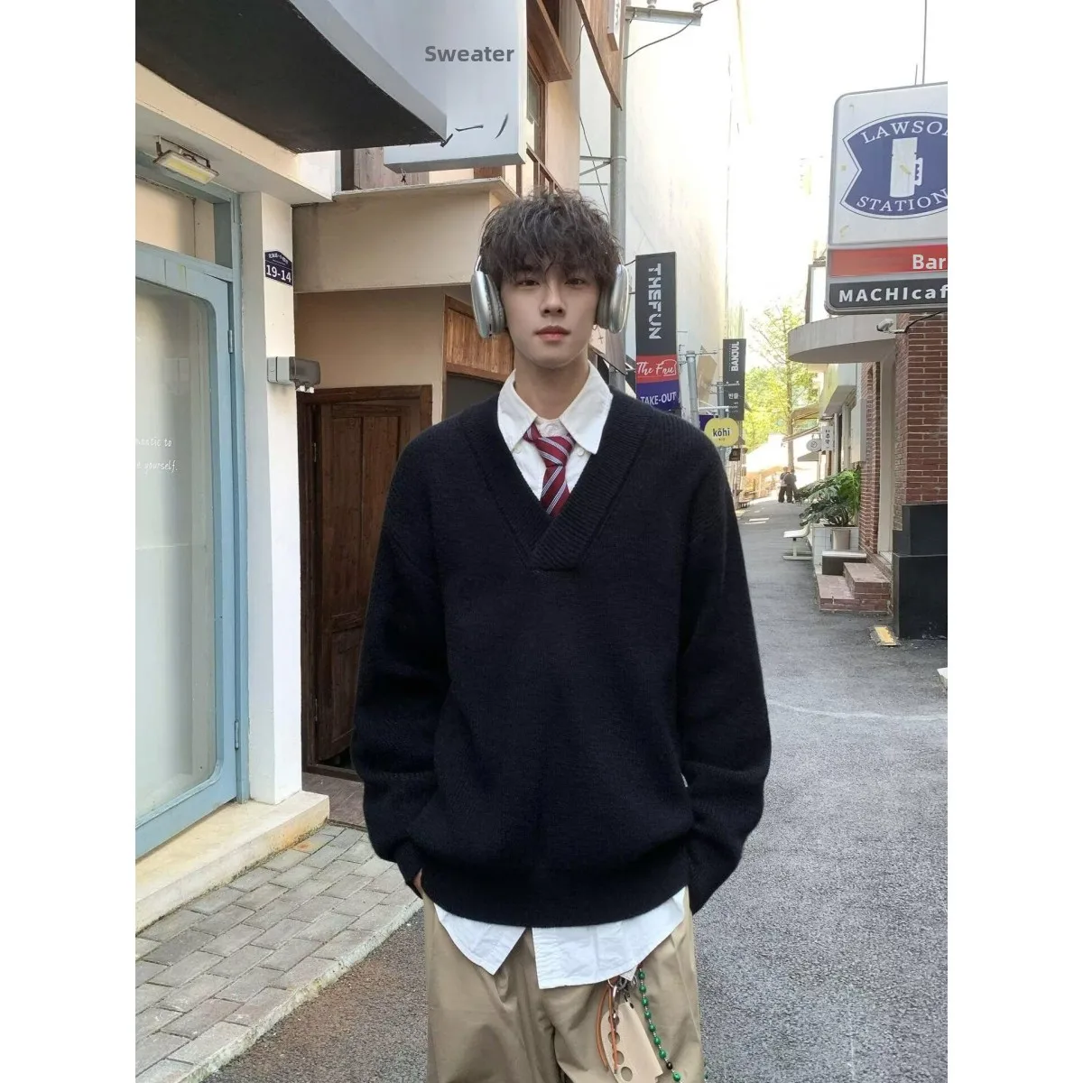 

American Retro Casual V-Ne Knitted Sweater Men Pure Color Open Cardigan Soft Polyester Long Sve Winter Outerwear