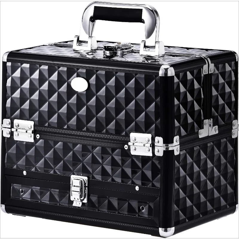 Makeup Train Cases Professional Travel Makeup Cosmetic Cases Organizer Portable Box with Drawer Black