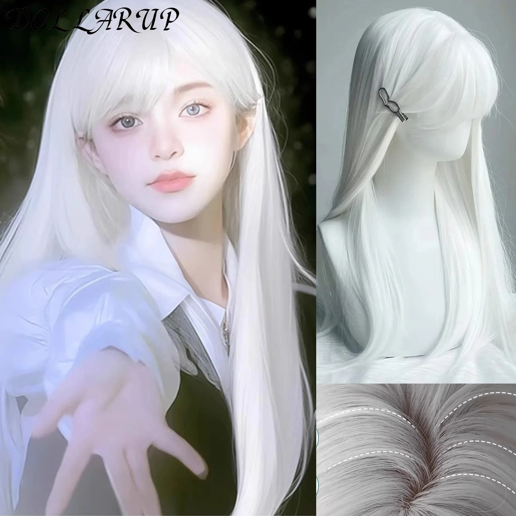 

JKL White Long Straight Synthetic Wigs for Women Colorful Cosplay Party Fake Hair with Bangs White Wig HighTemperature