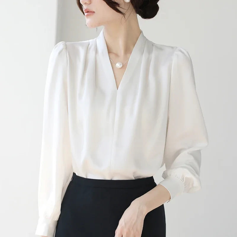 Fashion V-neck Women Blouses 2024 Spring Satin Solid Color Casual Tops Elegant Office Lady Long Sleeve Oversize Pullover Blouses