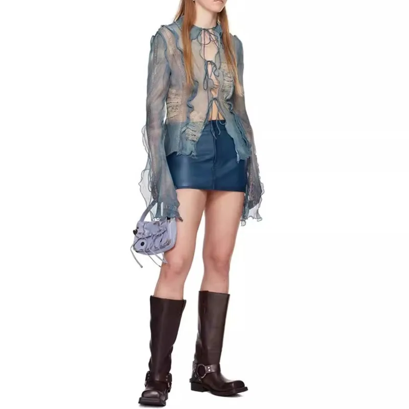 HKSH 春夏の新女性のシックな Y2K ストリートヴィンテージユーズド加工セクシーなバタフライスリーブエレガントなインシャツカジュアルトップス HK5606