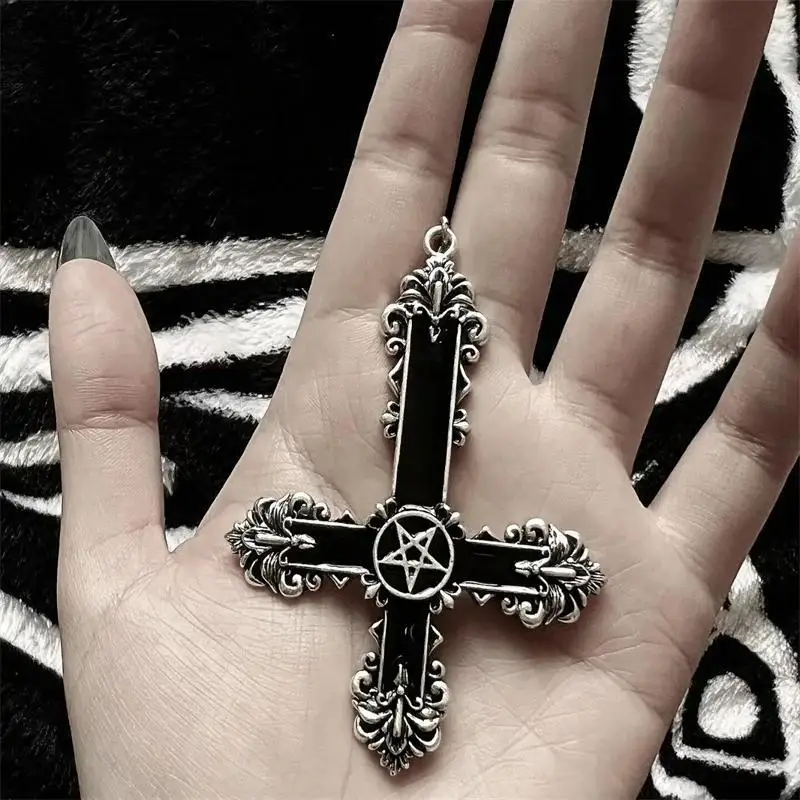 Pentagram inverted Cross, Gothic jewelry, Vintage, black carvings, Pagan, witchcraft accessories,Large Cross,ear hooks For Women