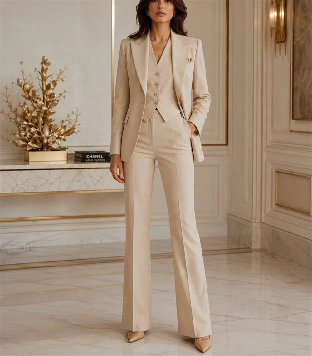 Tailor Made Beige Women's Suits 3 Pcs Formal Pantsuit Elegant Business Professional Office Wear Formal Outfit (Jacket+Vest+Pants