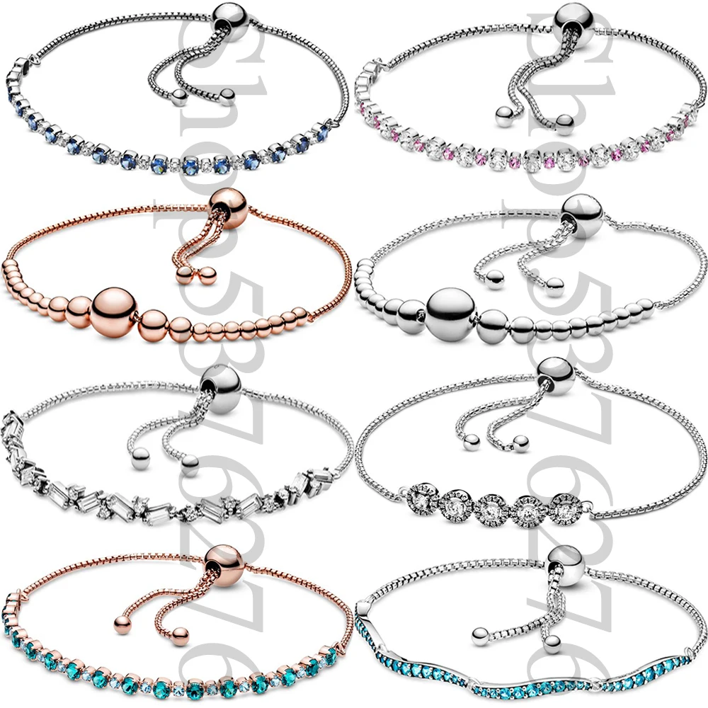 

925 Sterling Silver Ice Cube Sparkle Wavy String of Beads Fashion Slider Tennis Bracelet Fit Women Bead Charm Gift DIY Jewelry