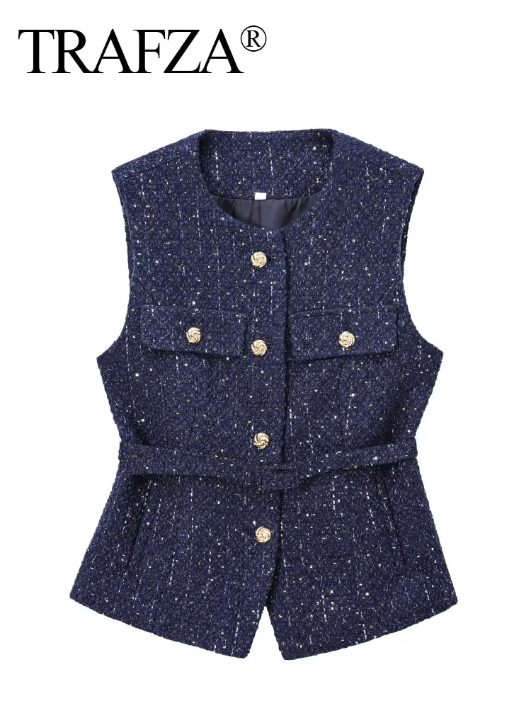 TRAFZA Frau Taste Taschen Dekoration Beiläufige Dünne Weste Chic Top Frauen Mode Oansatz Ärmellose Textur Blau Weste Tops