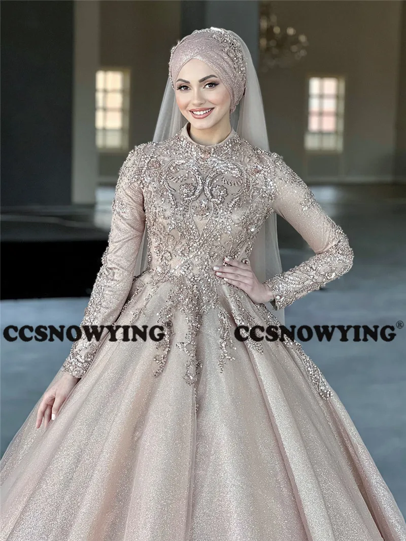 Champagne Tüll Appliques Langarm Hijab Muslimischen Abendkleid High Neck EINE Linie Prom Formale Party Kleid Arabisch Dubai Kaftan