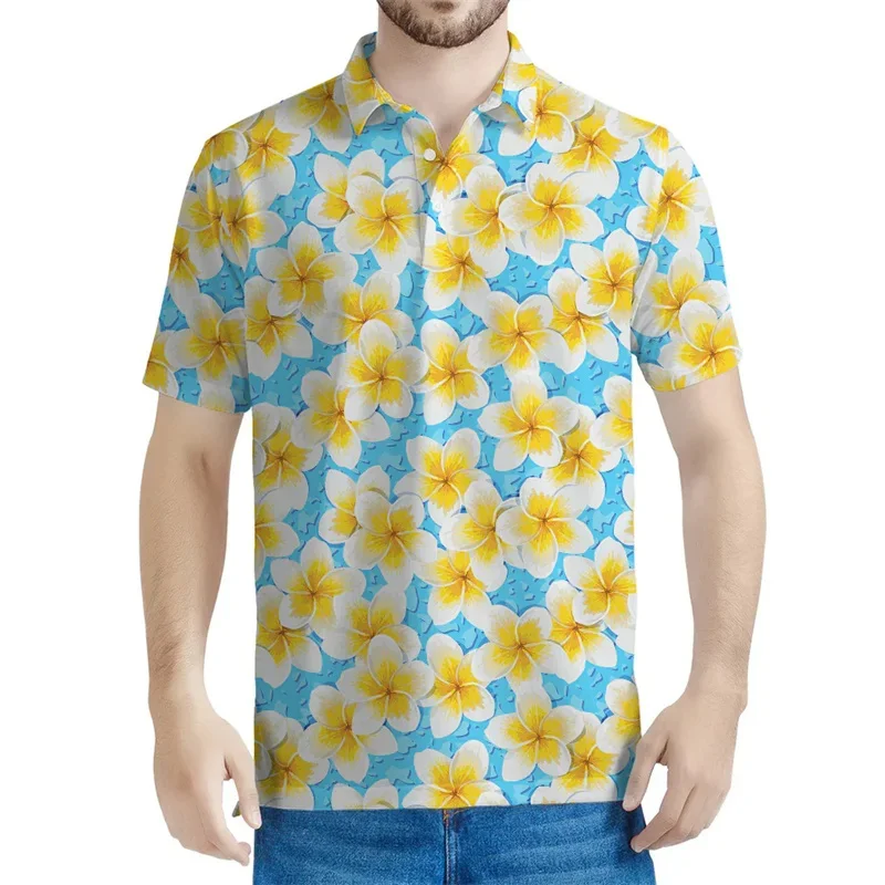 Colorful Frangipani Floral Graphic Polo Shirt For Men Flower 3D Print T-Shirts Summer Casual Loose Street Button Tees Lapel Tops