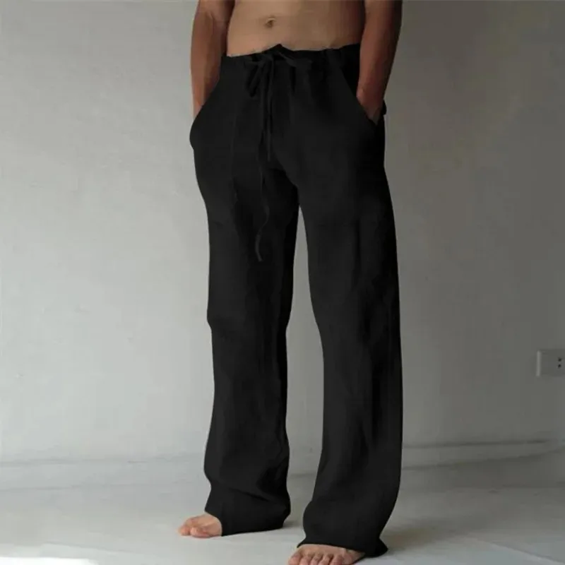 Pantalon Long en coton et lin pour hommes, couleur unie, respirant, décontracté, taille élastique, Harajuku, été