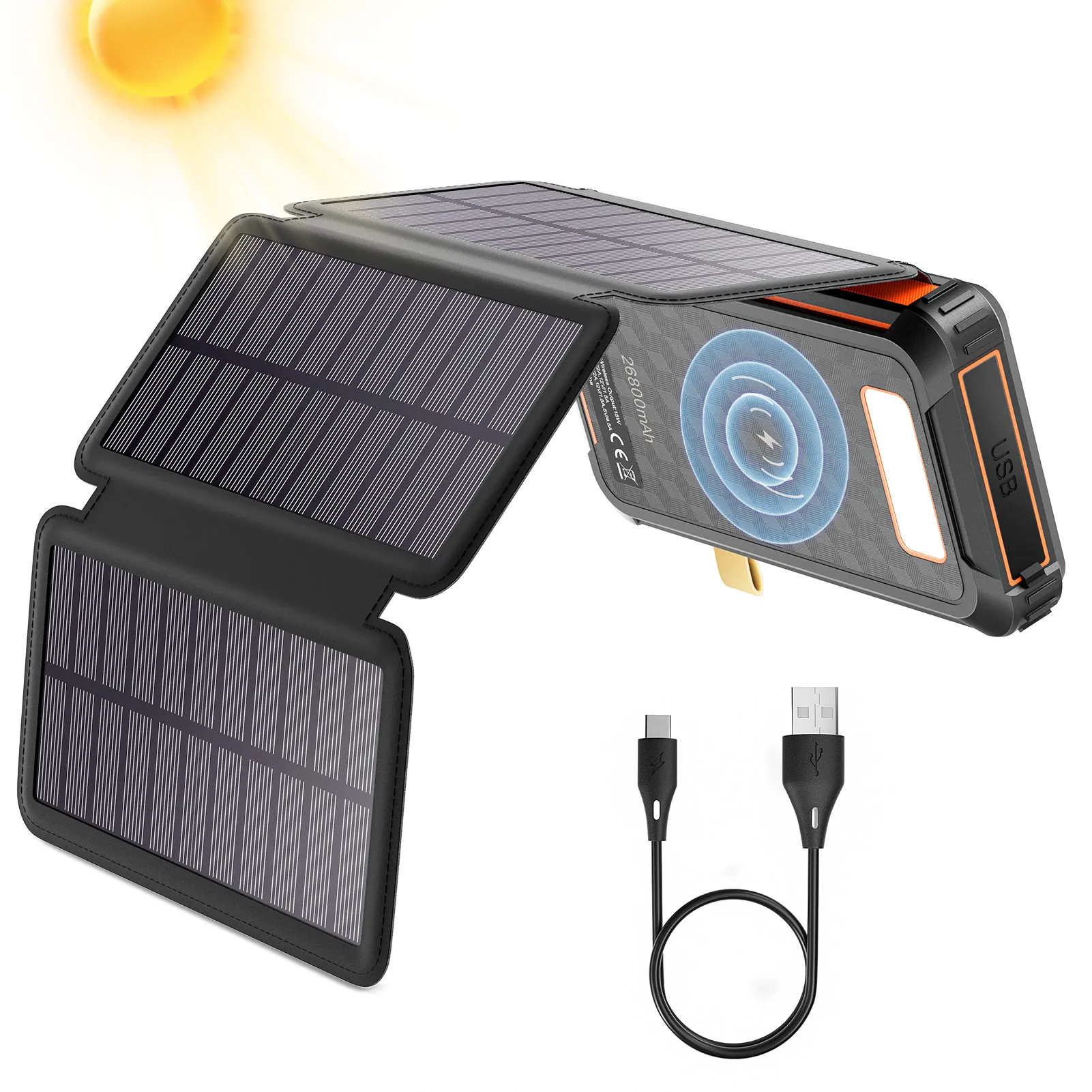 Banque d'énergie solaire, batterie externe de chargeur solaire SenDeluz 26800 mAh, banque d'énergie solaire 4 câbles intégrés et chargement sans fil