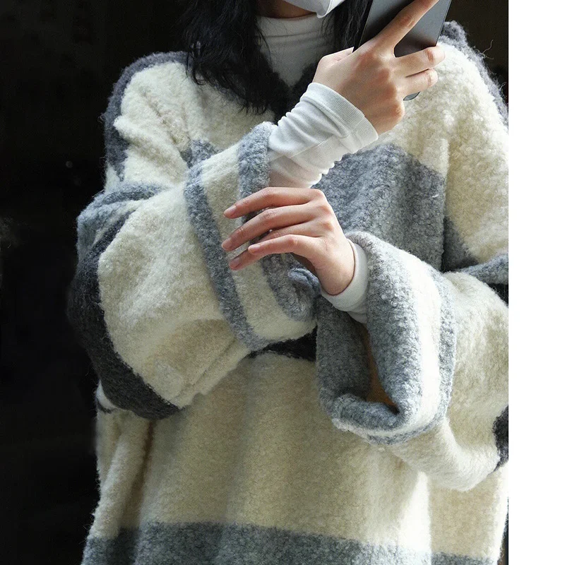 Women's Sweater Knitted Dress Striped Hooded Hoop Yarn Autumn Winter Thickened Loose Large Size Long Clothing Pullover Casual