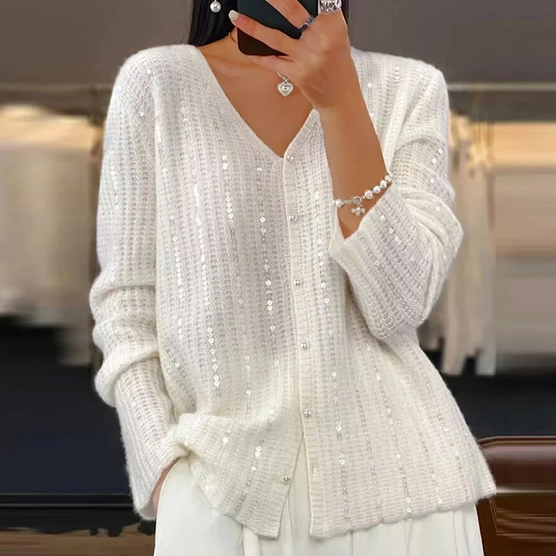 New Autumn Sequined Long Sleeved Loose Sweater Elegant Solid Color Commuting Sweater Coat Female V-neck Single Breasted Cardigan