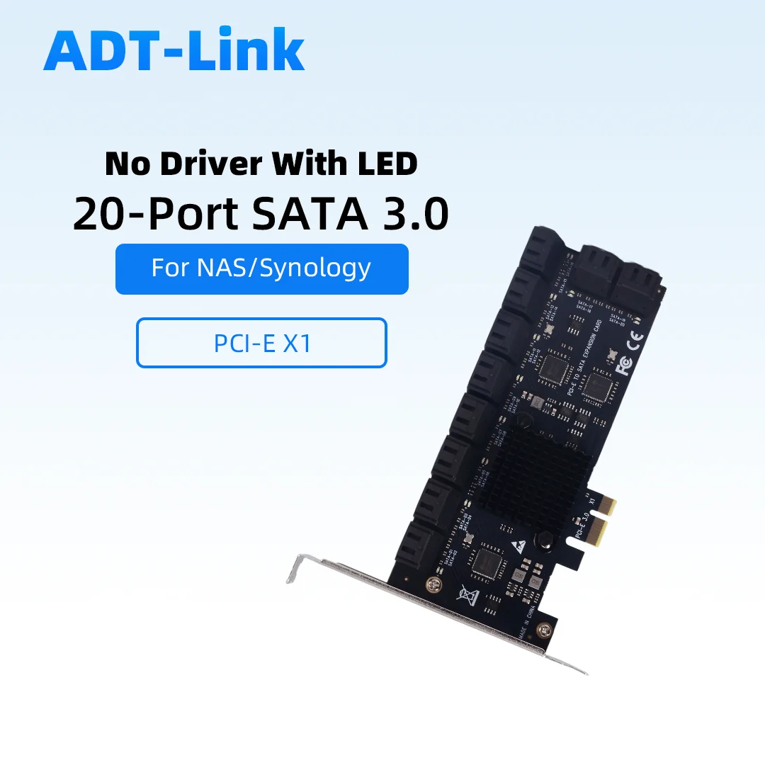 

Карта расширения ADT-Link PCIe на SATA 3.0, 20 портов, для SSD-накопителей, без драйверов, 24/16/12/10/8 портов, x1/x4/x16