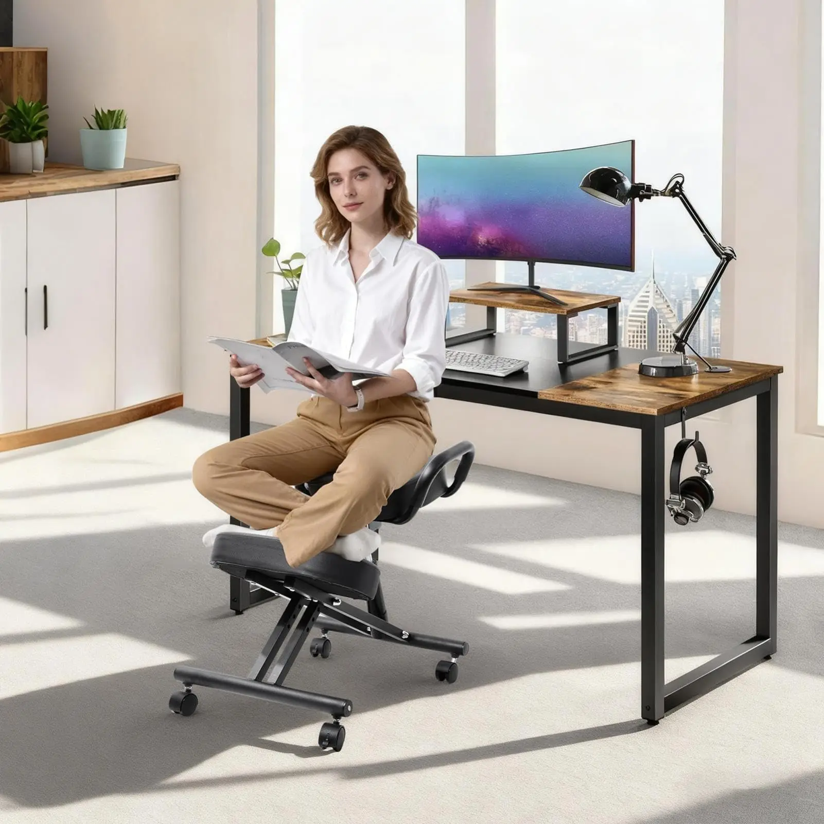 Ergonomic Kneeling Chair, Kneeling Chair with Locking Wheels, Adjustable Height Kneeling Support Chairs, PU Computer