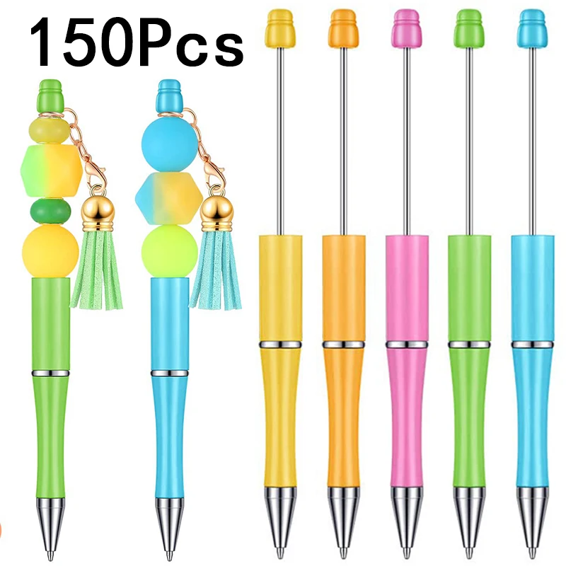 150Pcs Beadable Pens Plastic Bead Pen DIY Pens Black Ink Ballpoint Pens Students Teacher Gift Office School Supplies