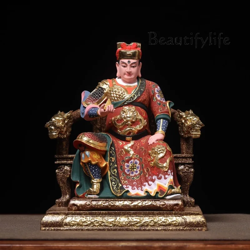 Juniper wood fine carving and painting gold-painted Huaguang Emperor Ma Wangye Vulcan three-eyed statue ornament ornament solid