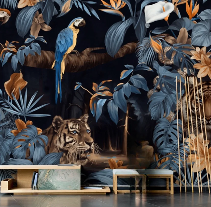 Customized Size Mural Southeast Asian Tropical Rainforest Animal Wallpaper Plant Leaves Flat Decoration Painting 3d wallpaper
