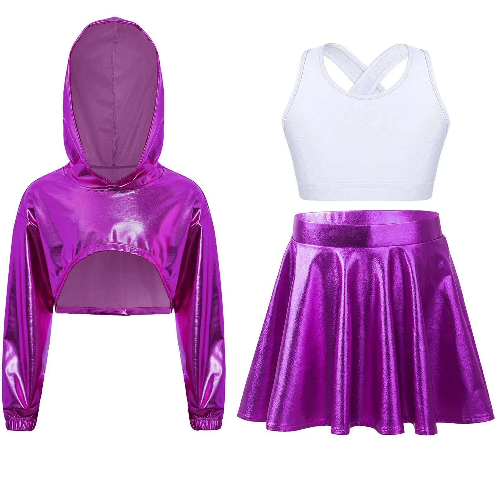 

Girls Showstopper Dance Costume Set Metallic Hoodie And Crop Vest with Keyhole Back Ruffle Skirt for Hip-Hop Jazz Performance