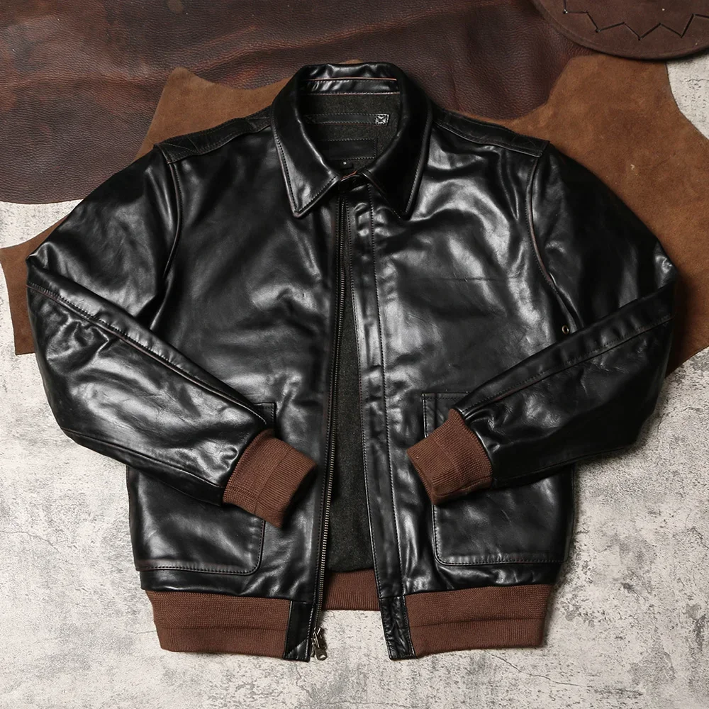 Blunt Razor A2 Genuine Leather Jacket Men's Flip Collar Slim Fit Leather Jacket Retro Distressed Tea Core Horse Leather Jacket