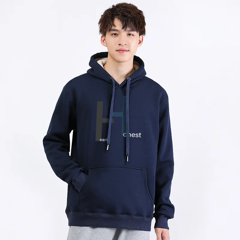 

500G Heavyweight Winter Fashion Men's Cashmere Lining Thicken Warm Hooded Sweatshirt Teens Simple Print Basics Casual Loose Tops