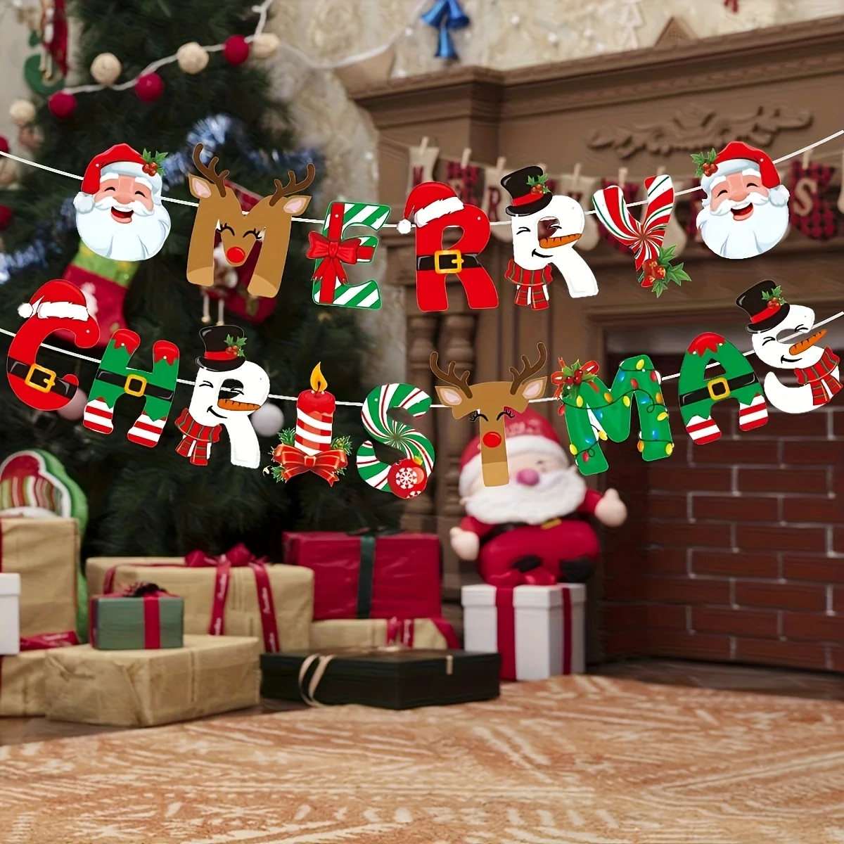 1 Set Weihnachts-Wimpelkette, Banner, Weihnachtsmann, Party-Dekoration, Papier-Streamer, Urlaubsdekoration, Cartoon-Muster, Party-Banner